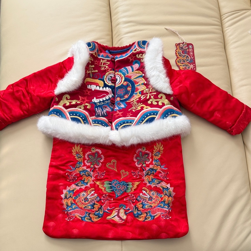 Kids Red Embroidered Dragon Lunar New Year Outfit with White Fur Trim